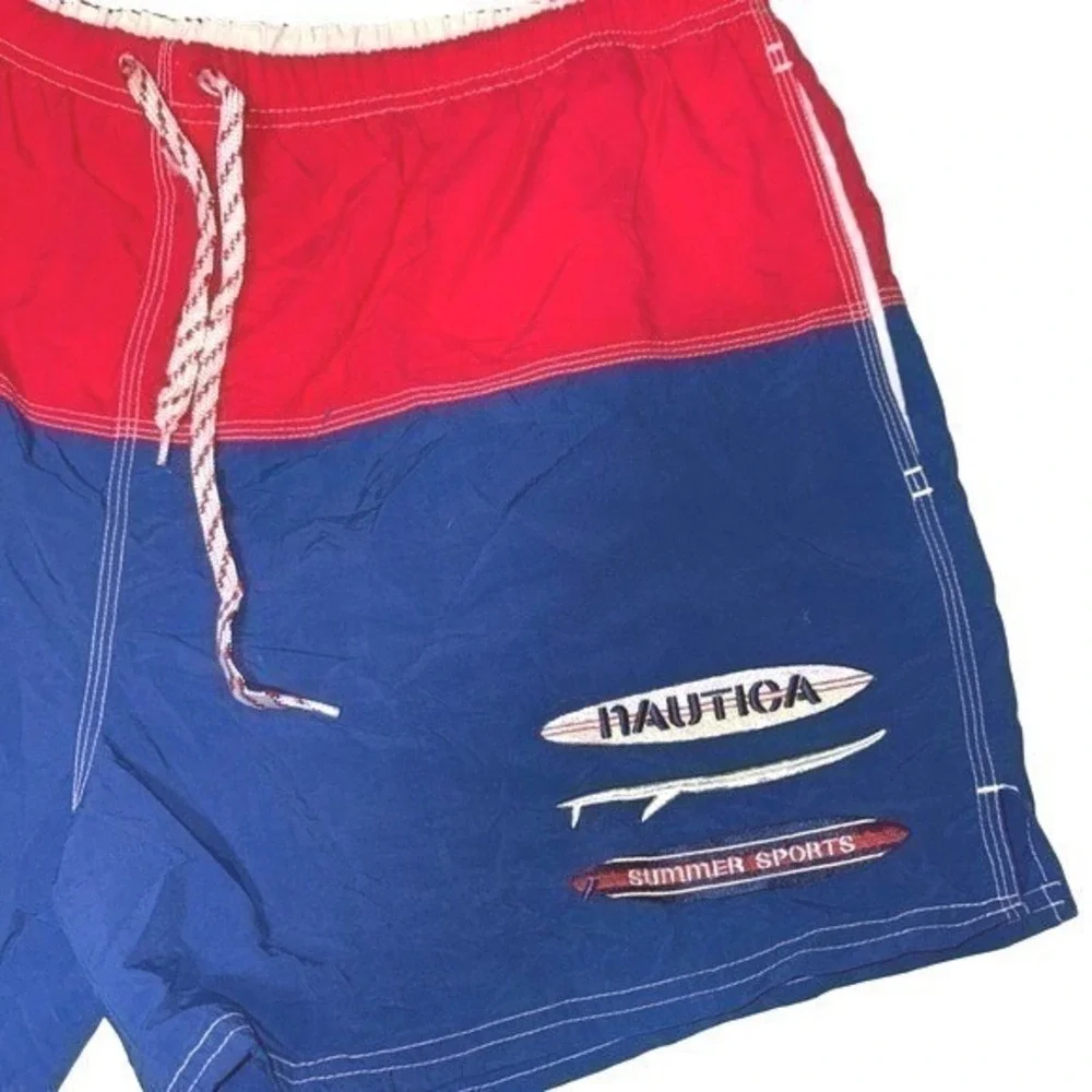 Nautica Vintage Colorblock Swim Trunks Mens‎ XL Red Blue Mesh Lined Retro Shorts